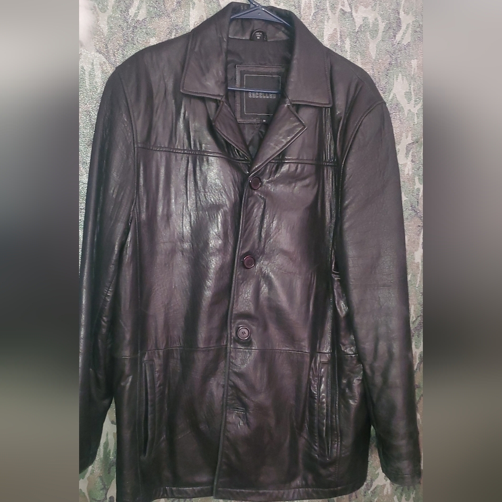 The Vintage Excelled Men's Black Genuine Leather 4-Button Reefer Car Coat Size M